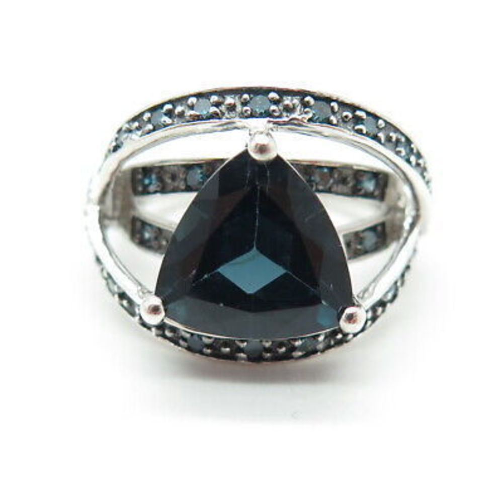 925 Sterling Silver Real Round-Cut Blue Diamond & London Blue Topaz Ring Size 6 - Picture 3 of 8